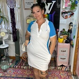 White & Blue Polo Mini Dress with Contrast Sleeves Size Medium